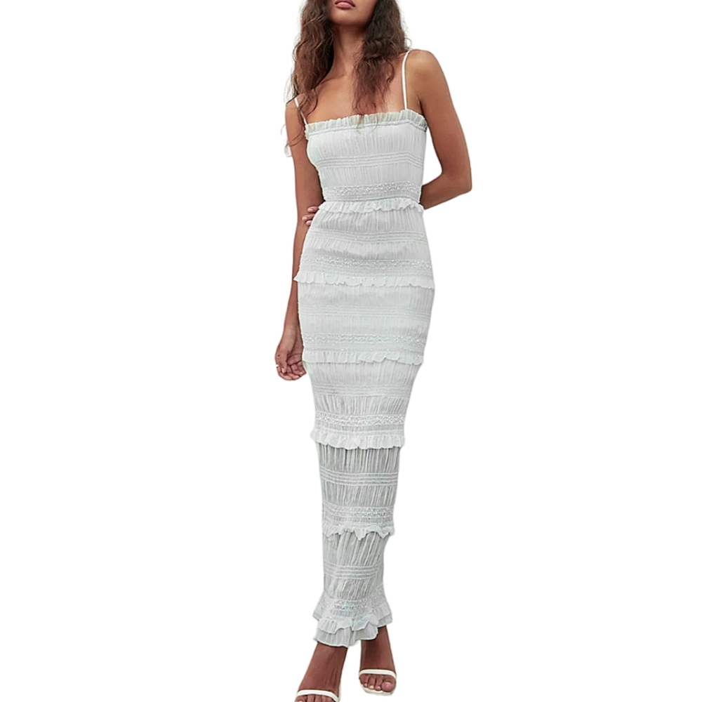 NWT Commense White Ruffle Shimmer Sheer Shirred Bodycon Maxi Dress